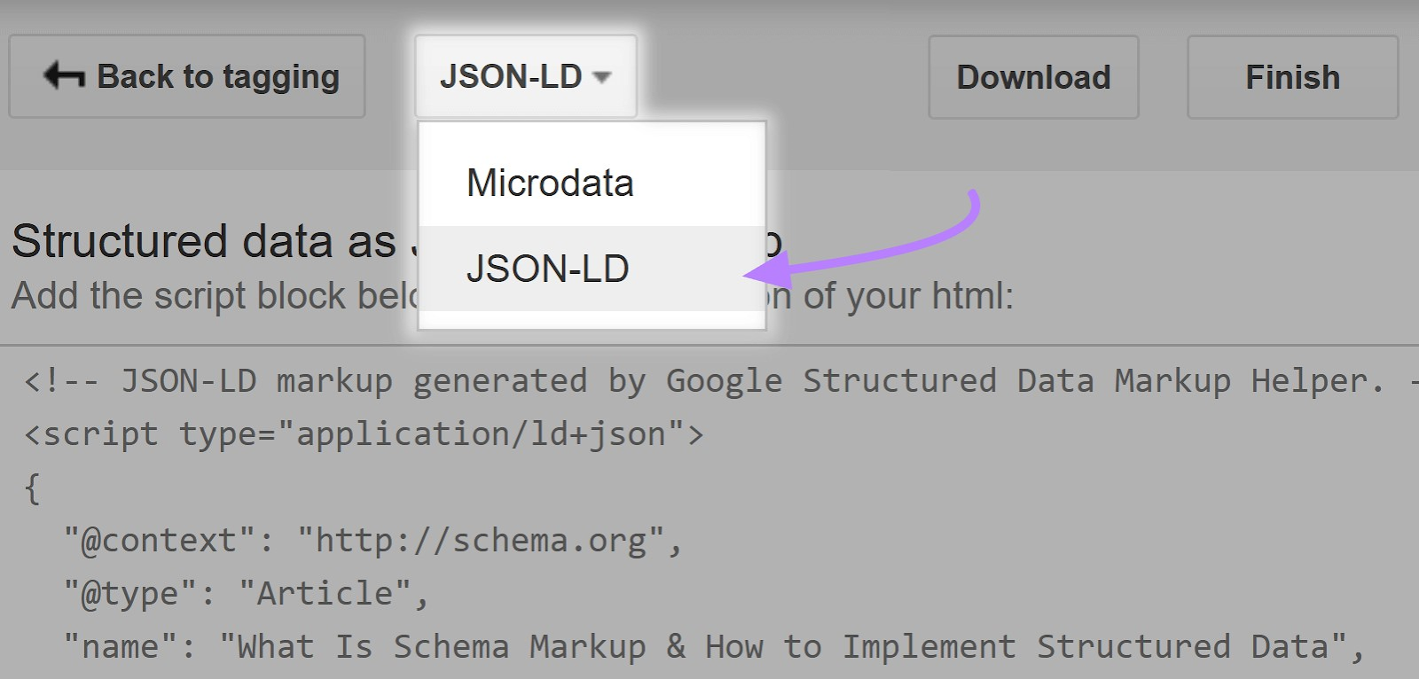 drop-down menu showing "JSON-LD" and "Microdata" options