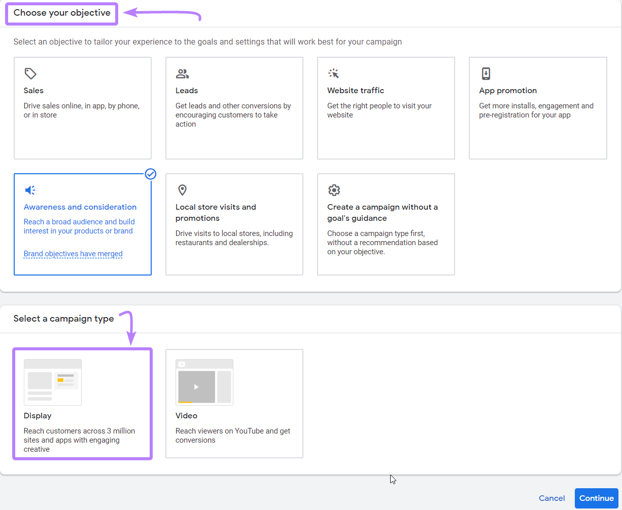 Select campaign objective and "Display" in Google Ads settings