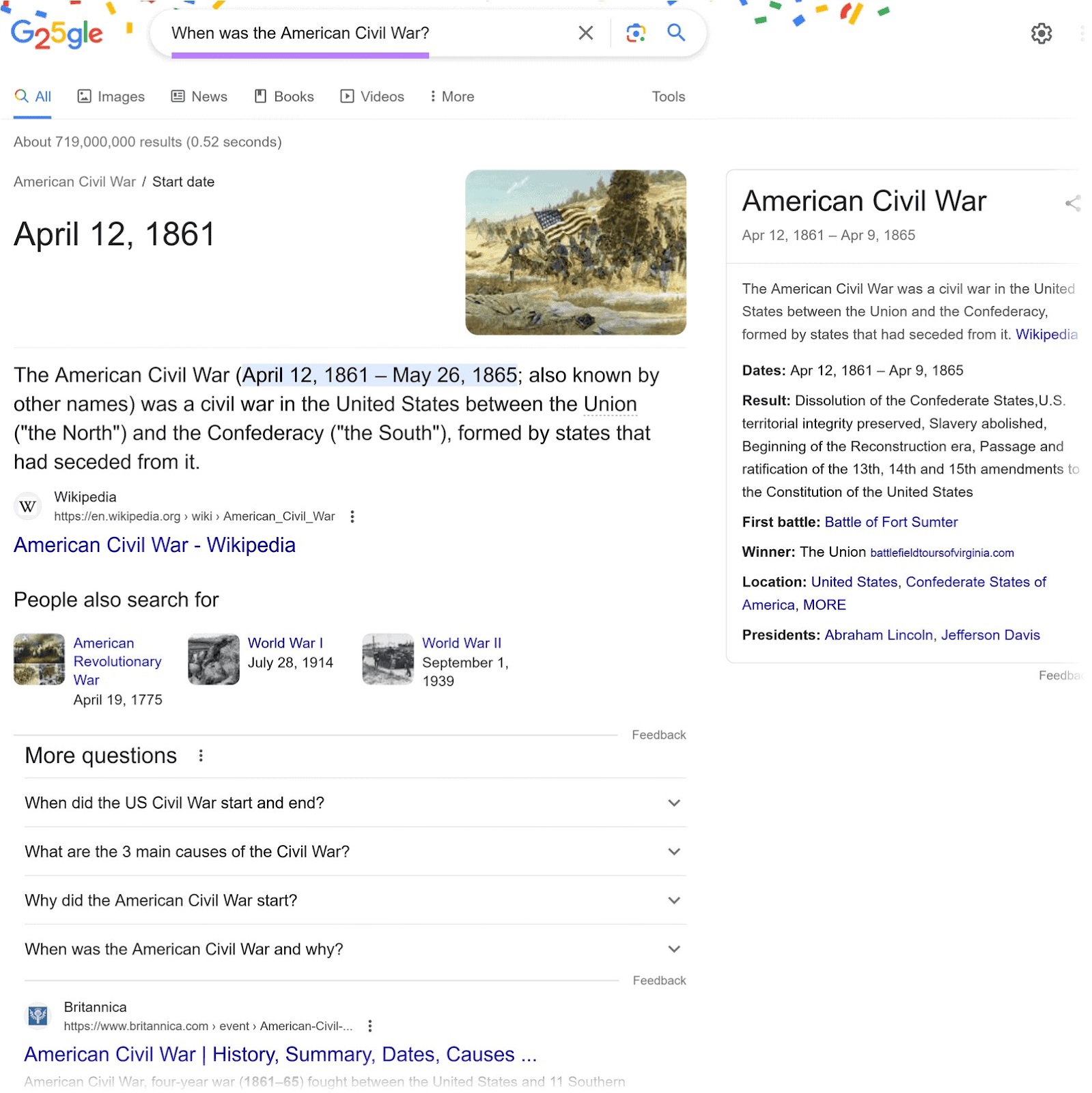 Google SERP for "When was the American Civil War?"