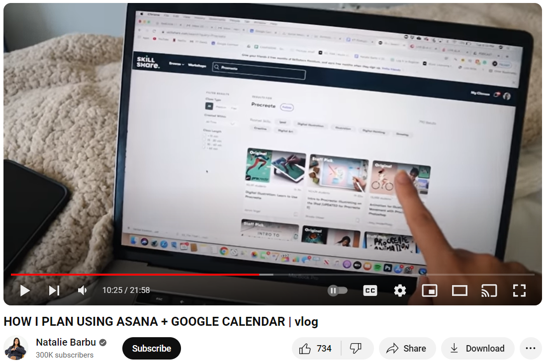 YouTube video teaching how to use Asana and Google Calendar by Natalie Barbu.