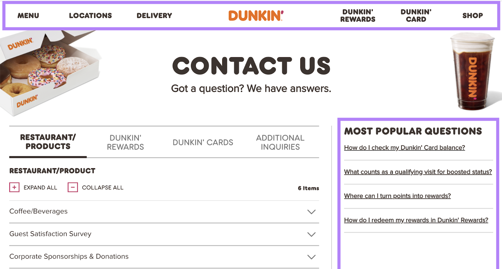 dunkin donuts example faq page