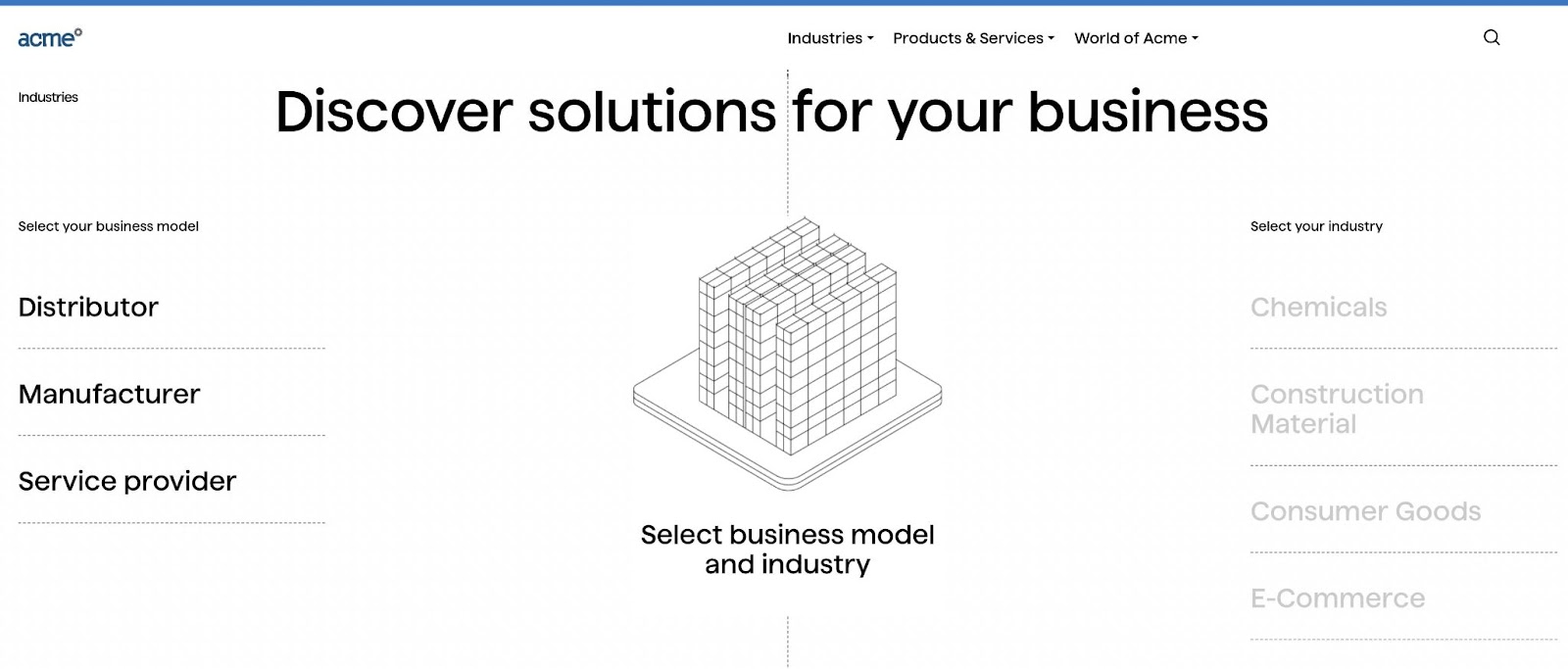 "Discover solutions for your business" page on ACME