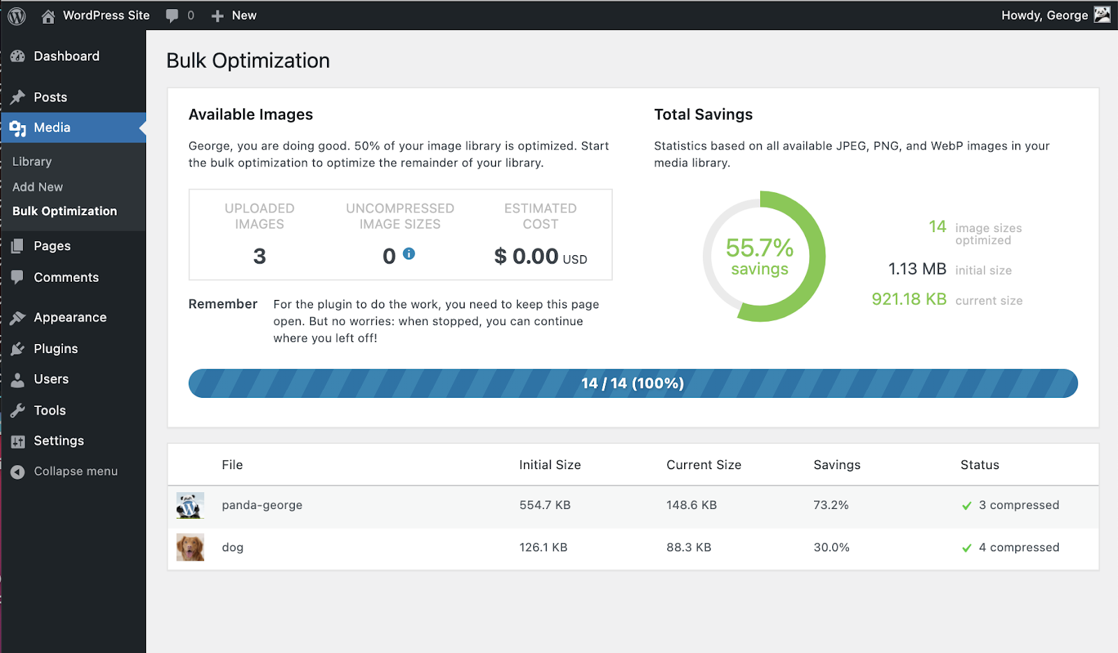 "Available images" and "Total savings" section shown in “Bulk Optimization” plugin