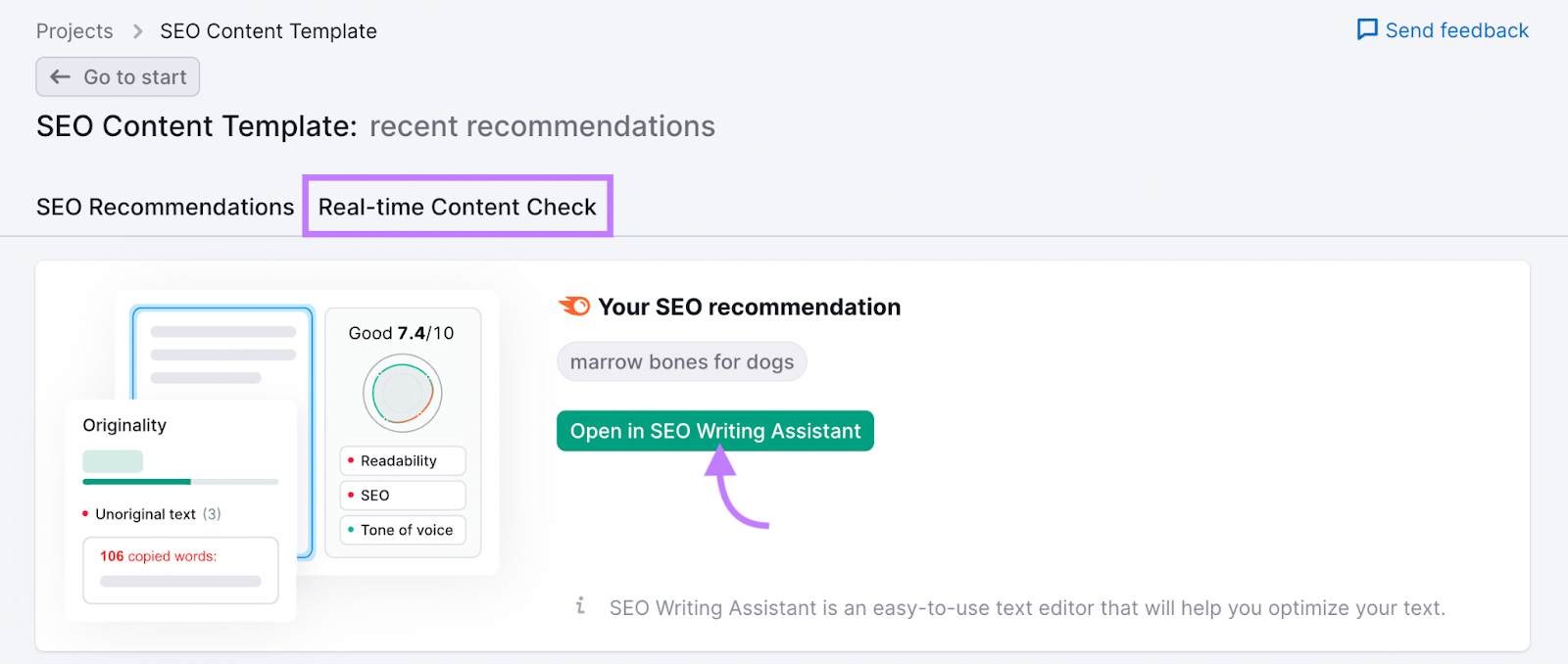 Botão "Open in SEO Writing Assistant" (Abrir no SEO Writing Assistant) selecionado na guia "Real-time Content Check" (Verificação de conteúdo em tempo real)