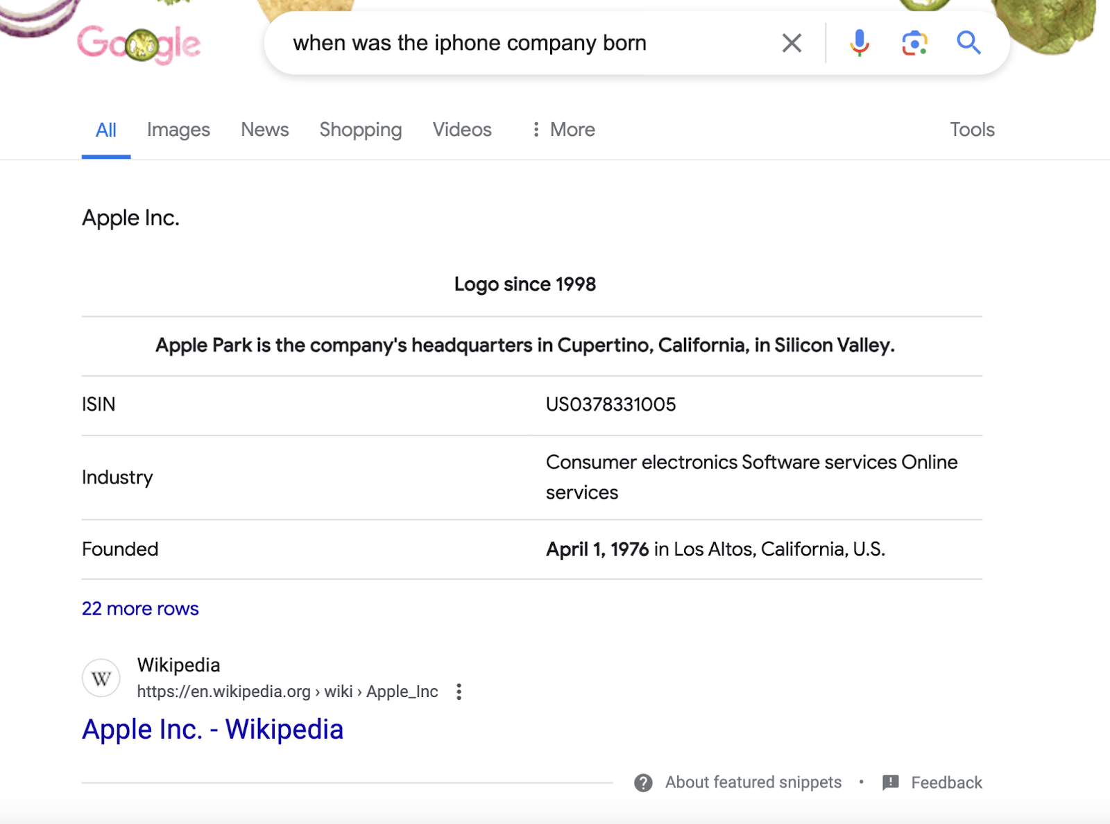 featured snippet shows date of apple's founding from wikipedia