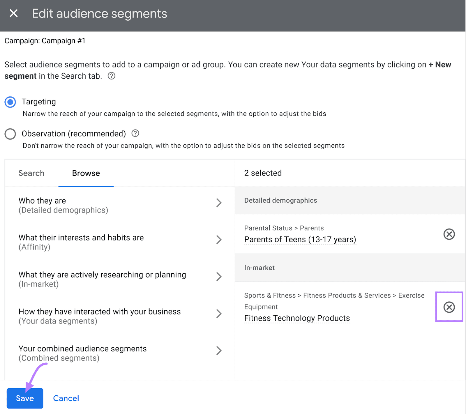 "Save" fastener  highlighted astatine  the bottommost  of “Edit assemblage  segments” window