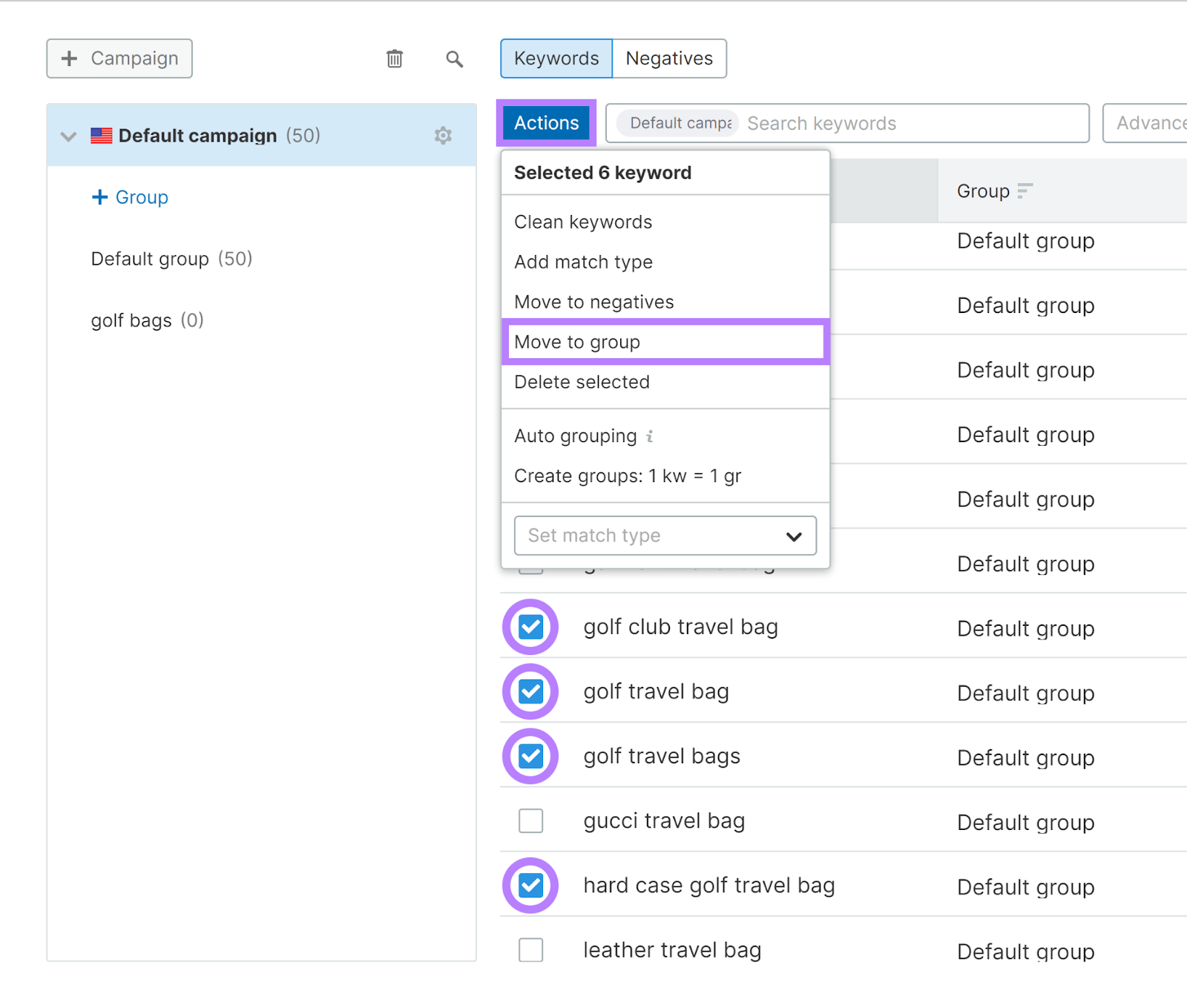 Actions button selected and Move to group option highlighted.