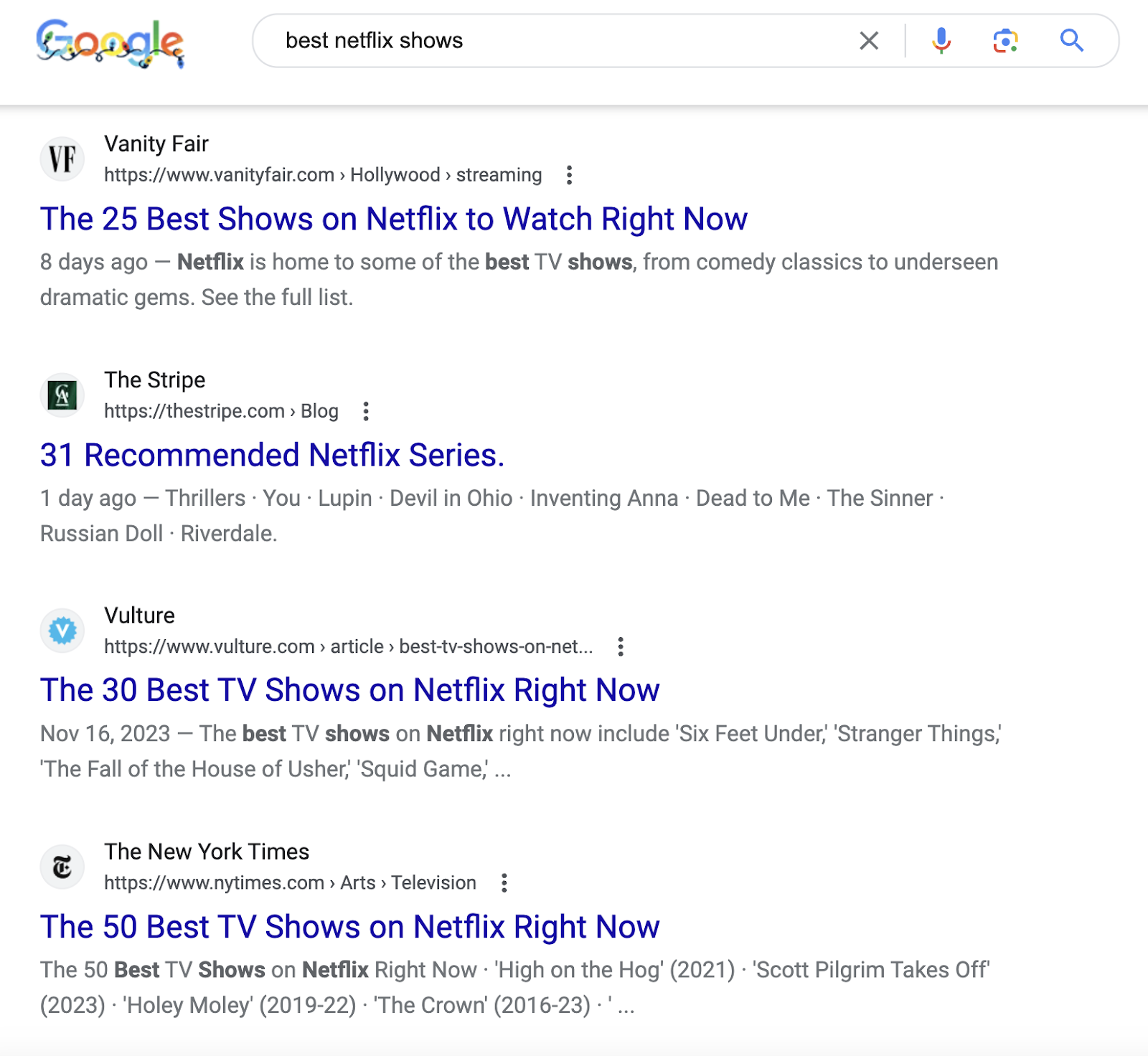 Google's search results for "best netflix shows"