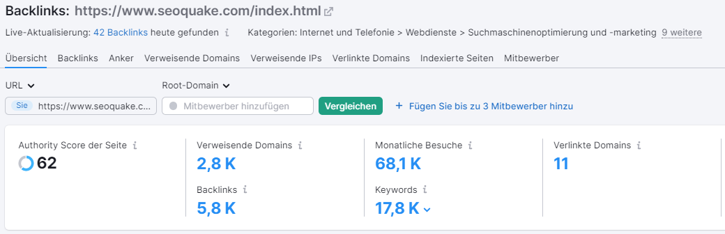 Screenshot: Die Startseite von SEOquake in Backlink-Analytics