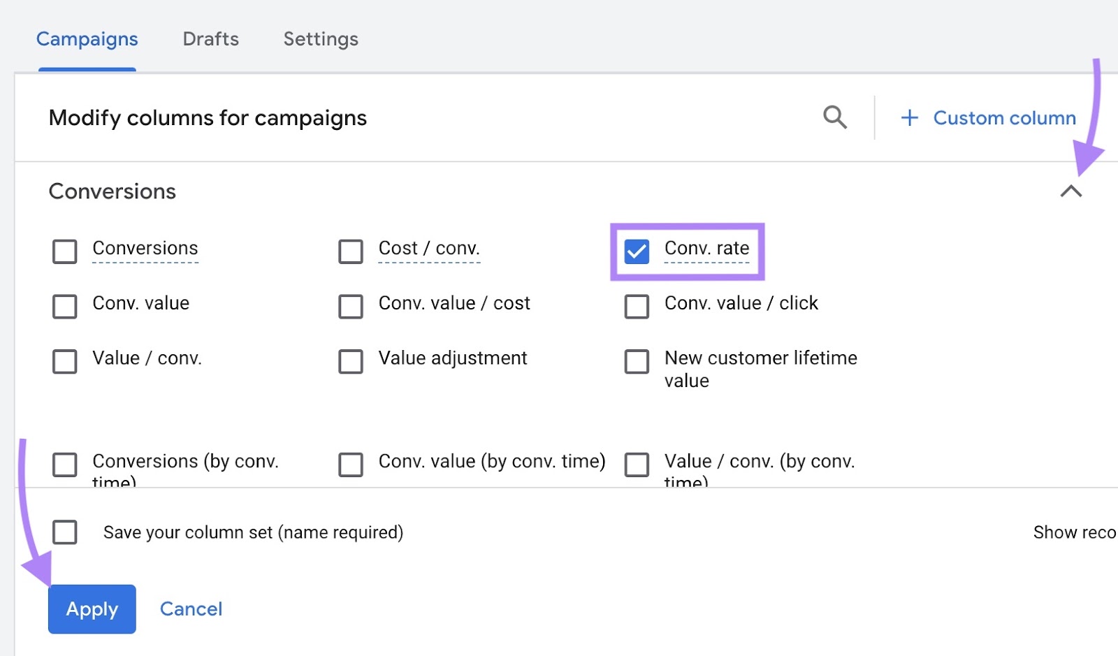 Modify columns for campaigns window on Google Ads with "Conv. rate" selected and the "Apply" button clicked.