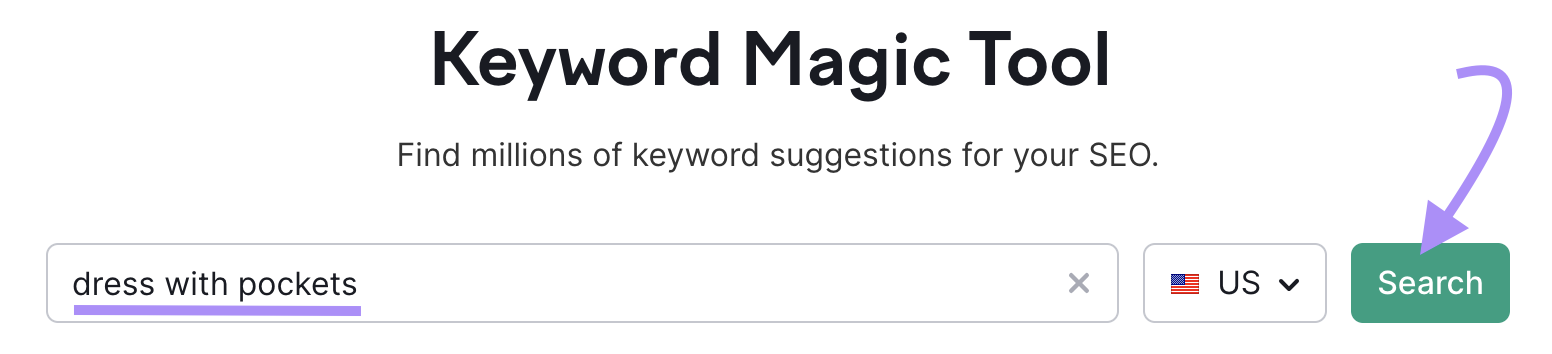 "dress with pockets" entered into the Keyword Magic Tool search bar