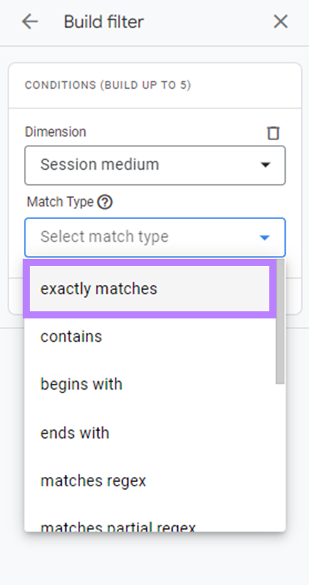 “exactly matches” option selected from the “Match Type” drop-down menu