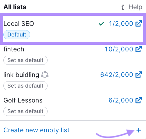 "Local SEO" list selected under "All lists" page