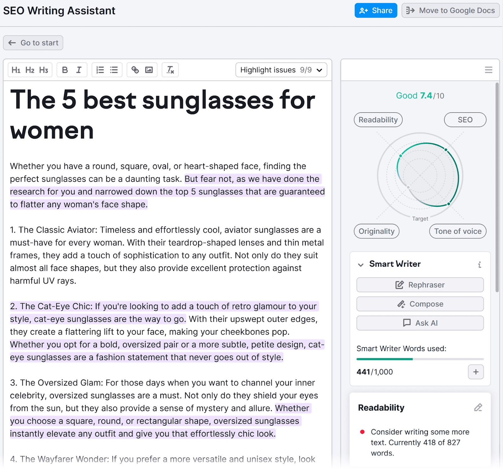 SEO Writing Assistant text editor with text scores on the right hand side