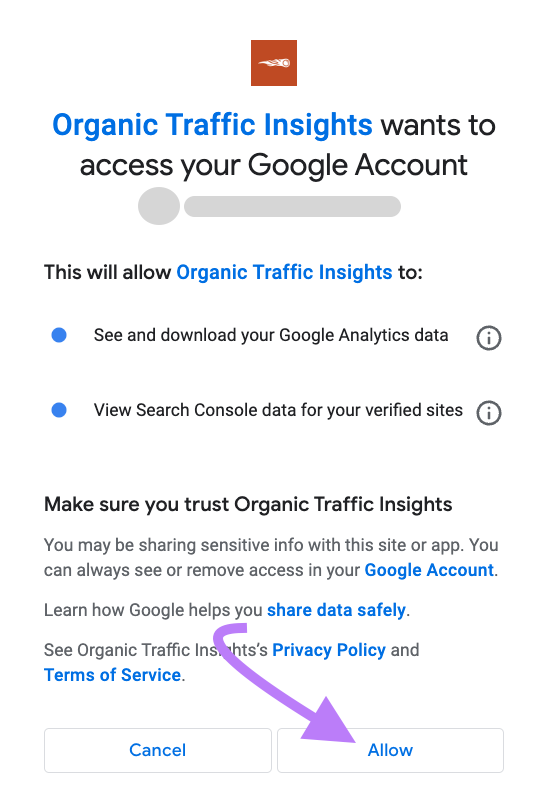 "Organic Traffic Insights wants to access your Google Account" screen