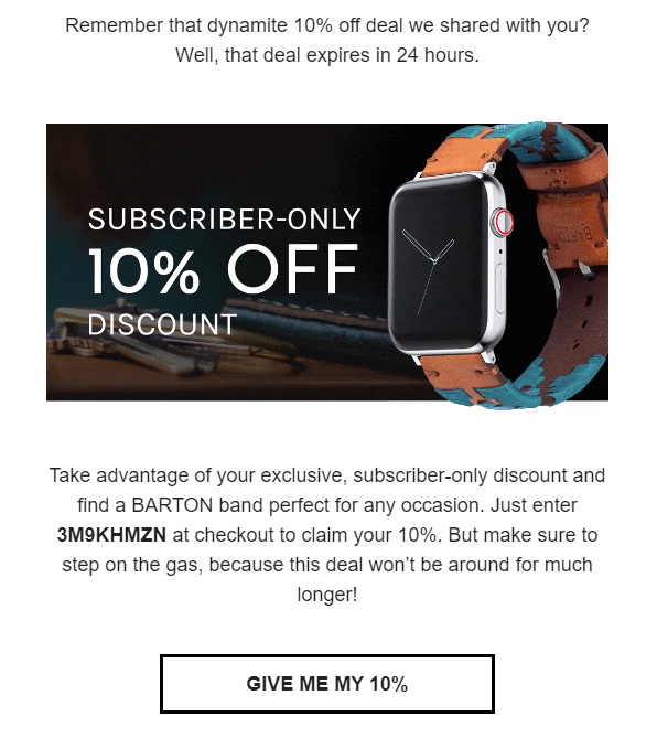 "Subscriber-only 10% off discount" email from a watch brands company