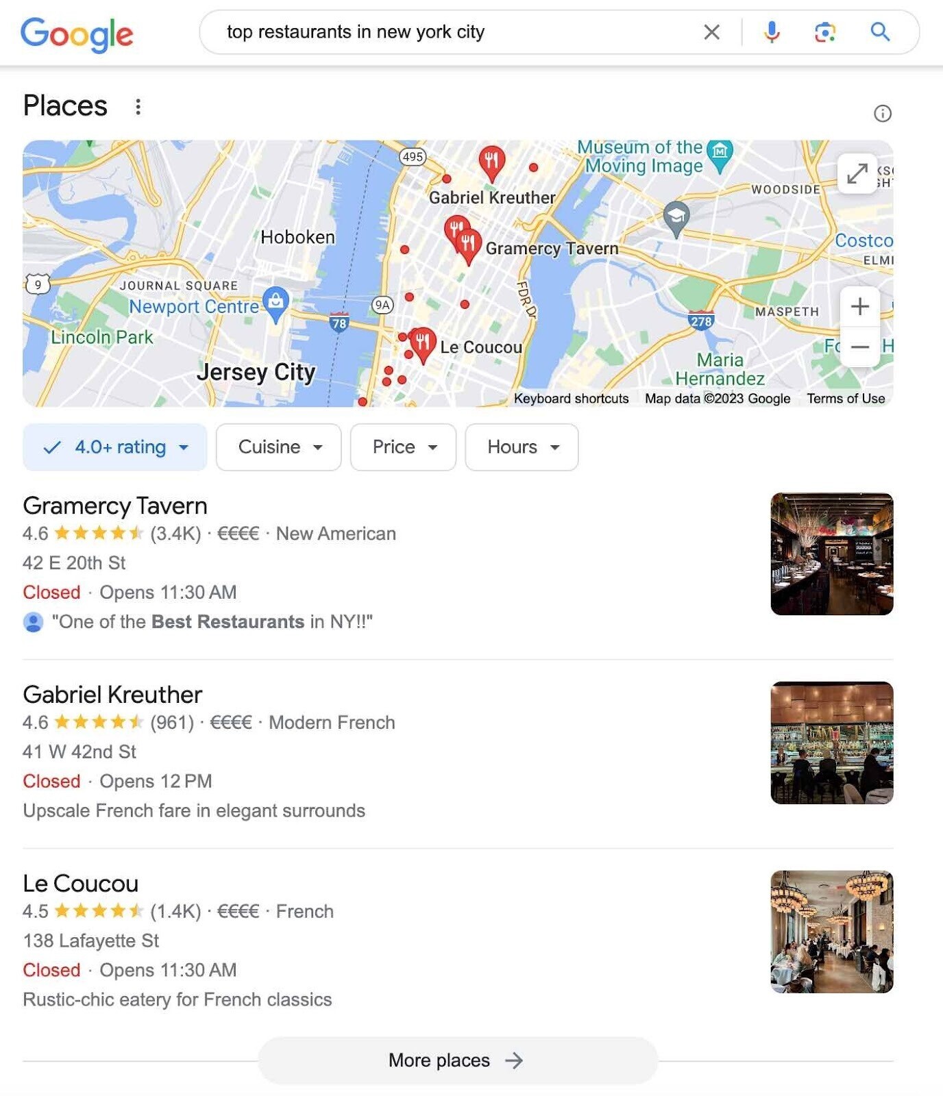 an example of local pack in Google SERP for “top restaurants in new york city"