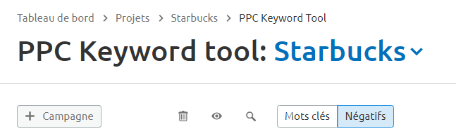 PPC Keyword Tool - onglets des mots clés à exclure