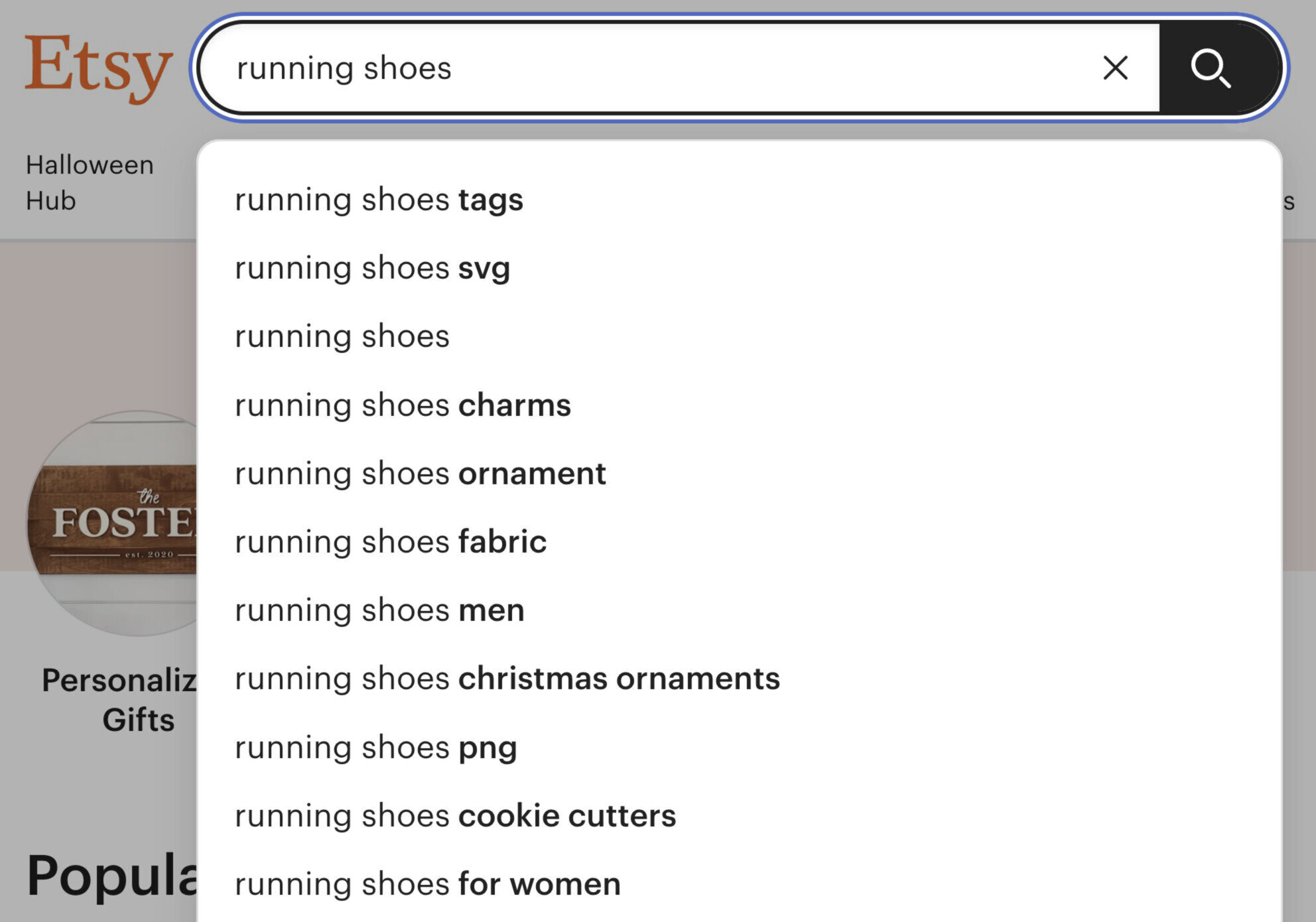 Etsy search suggestions for the keyword "running shoes"