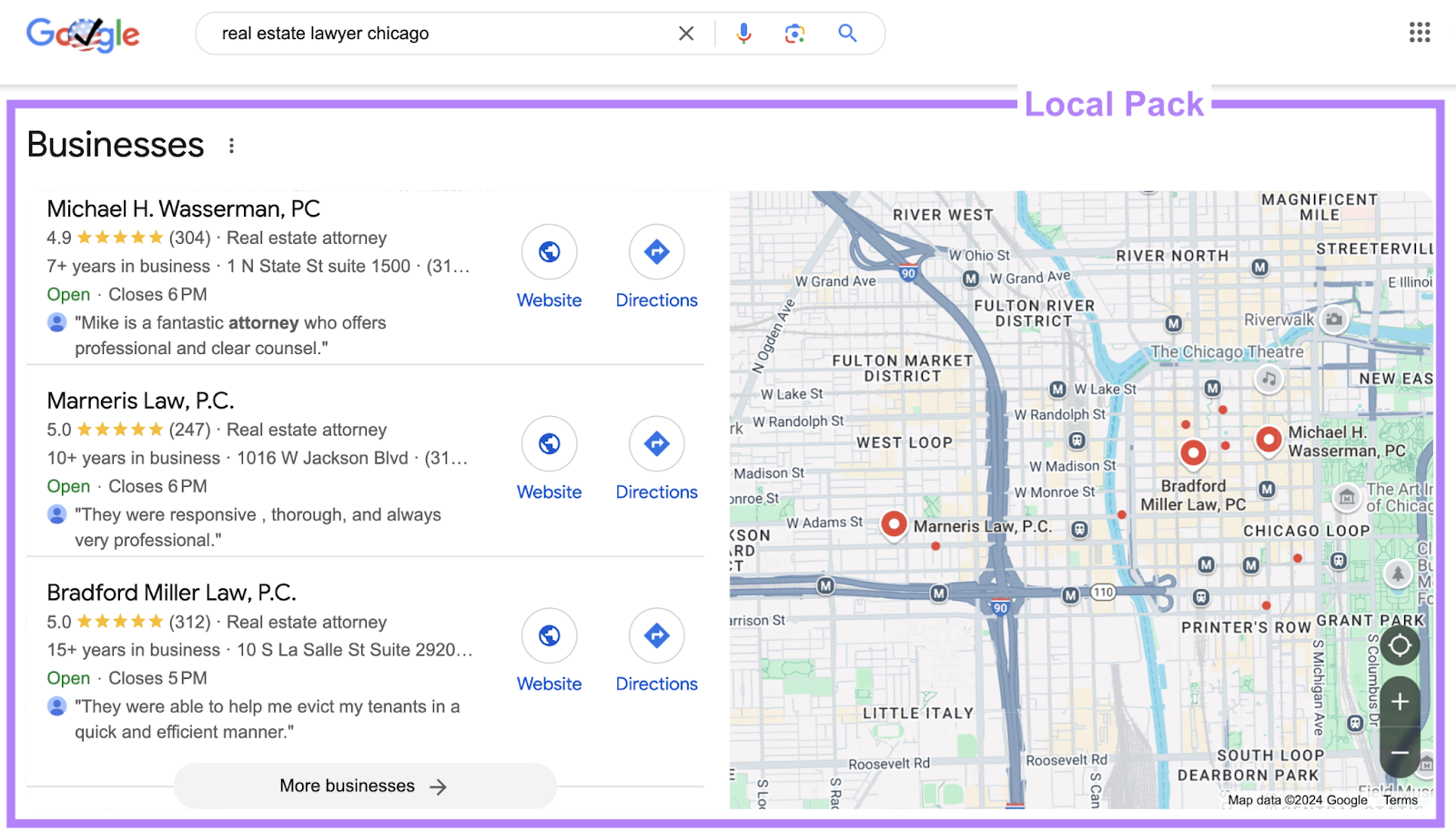 local pack serp feature shows local businesses, their google business profile, and google maps