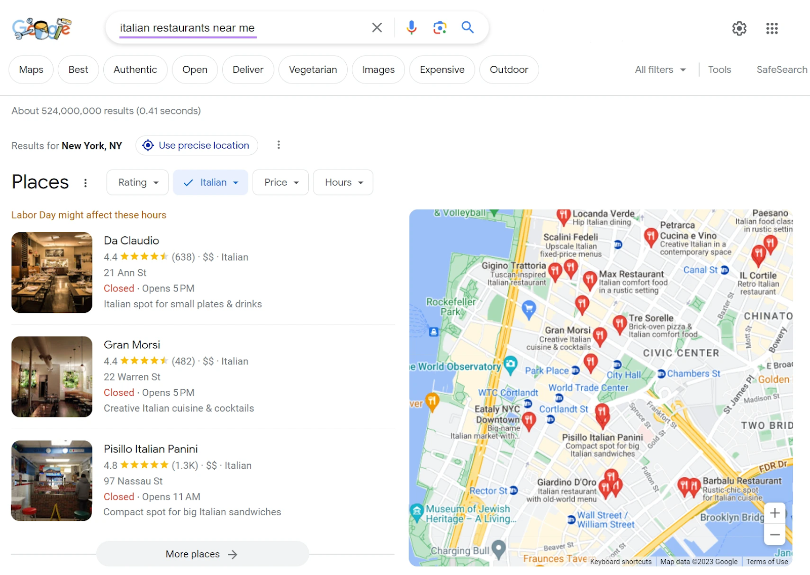 “Italian restaurants near me” query in Google