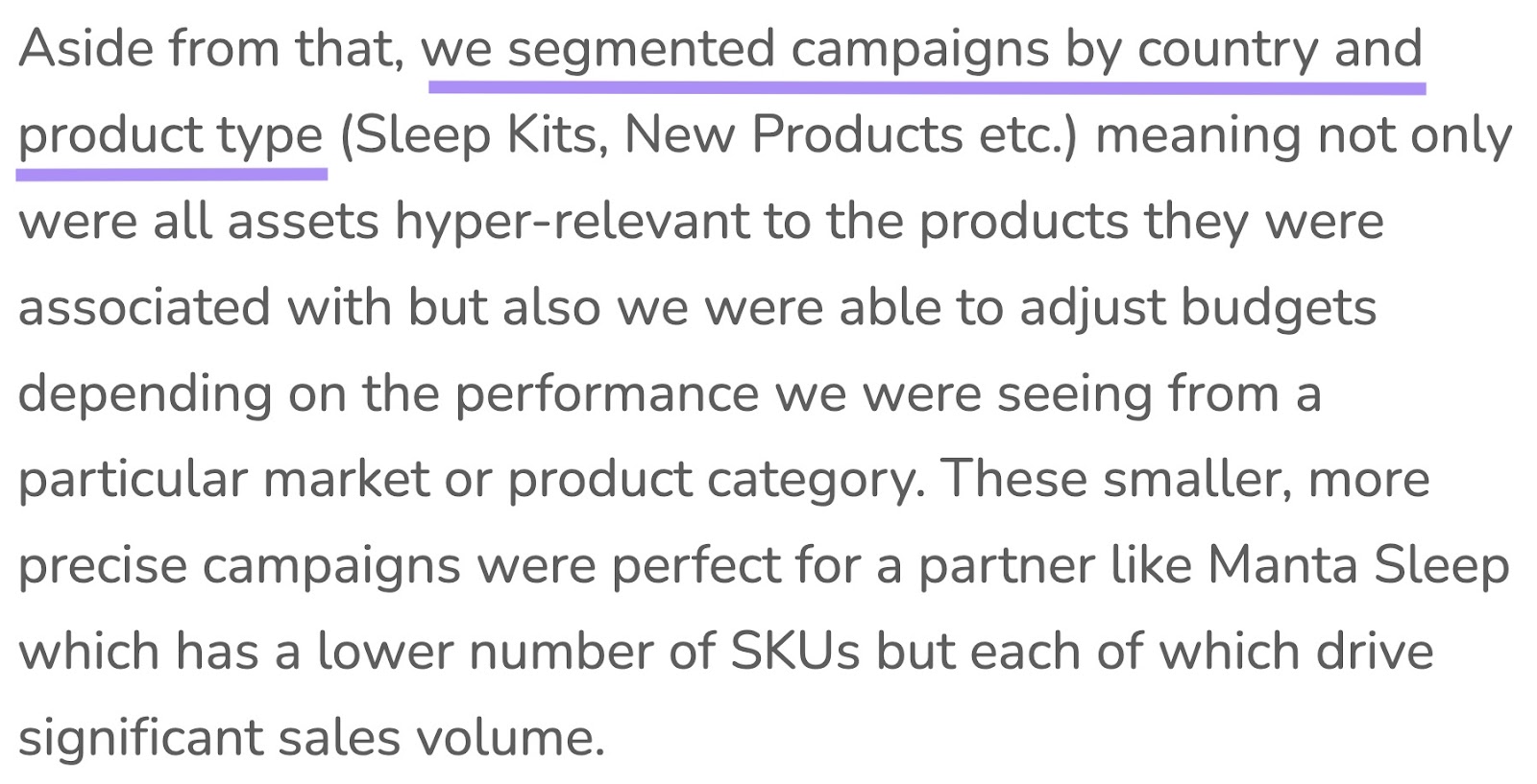 Manta Sleep segmented campaigns by country and product types