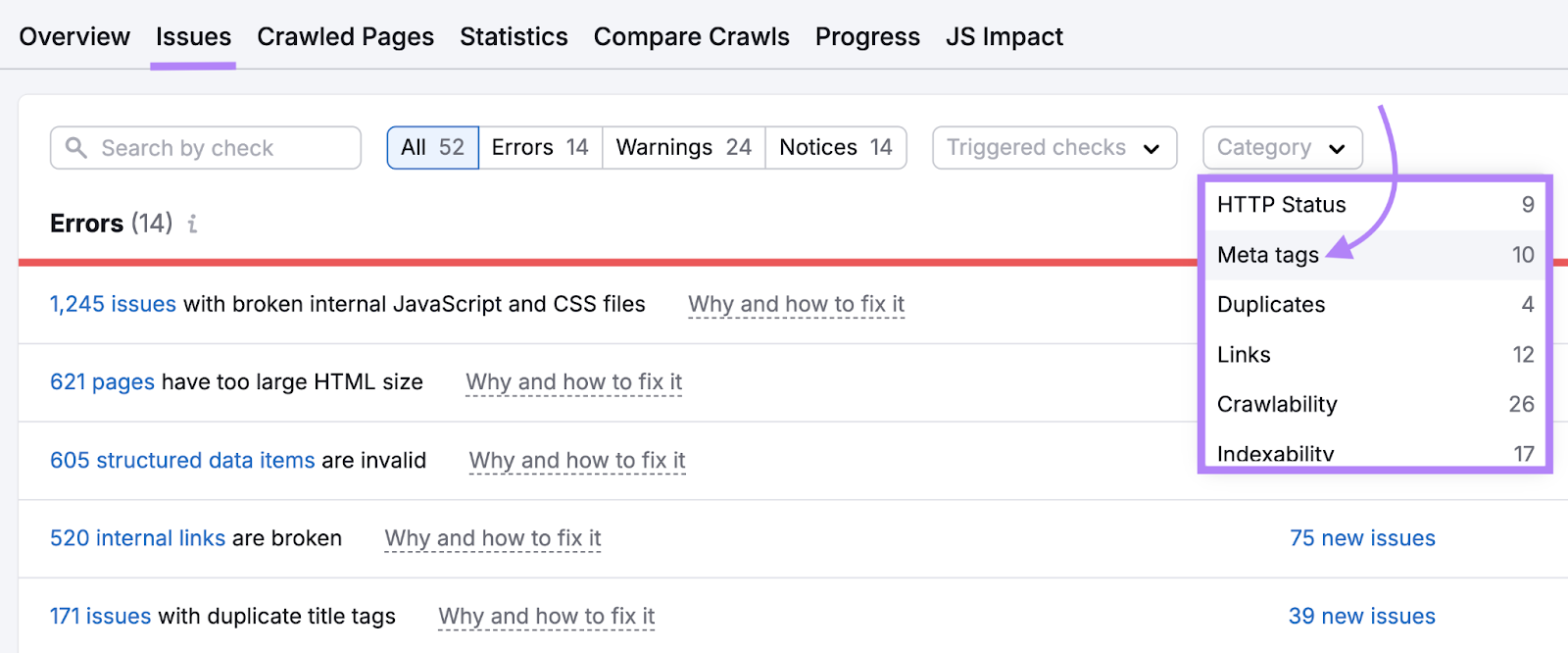 meta tags selected from the category drop down