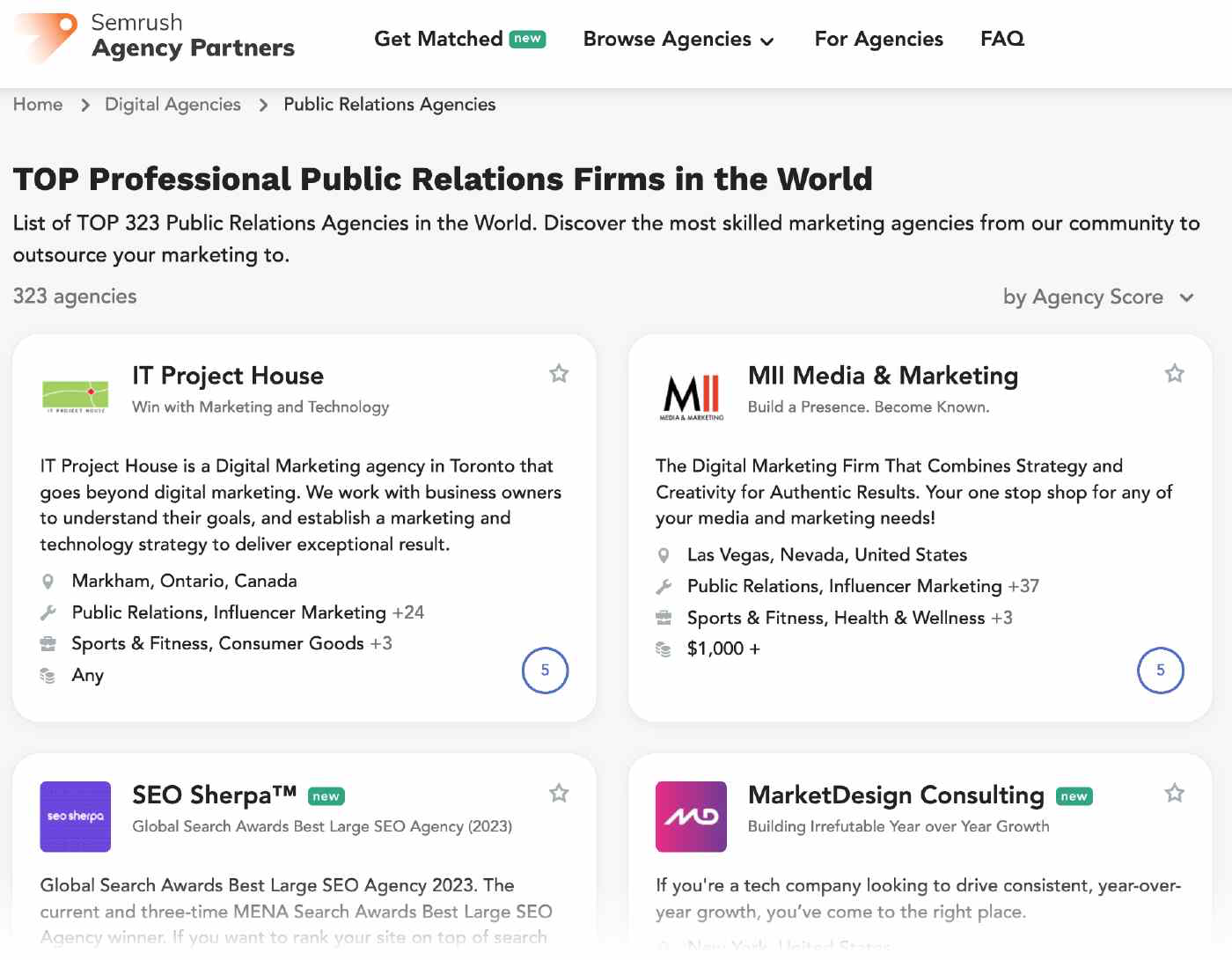 "TOP Professional Public Relations Firms in the World" page in Agency Partners