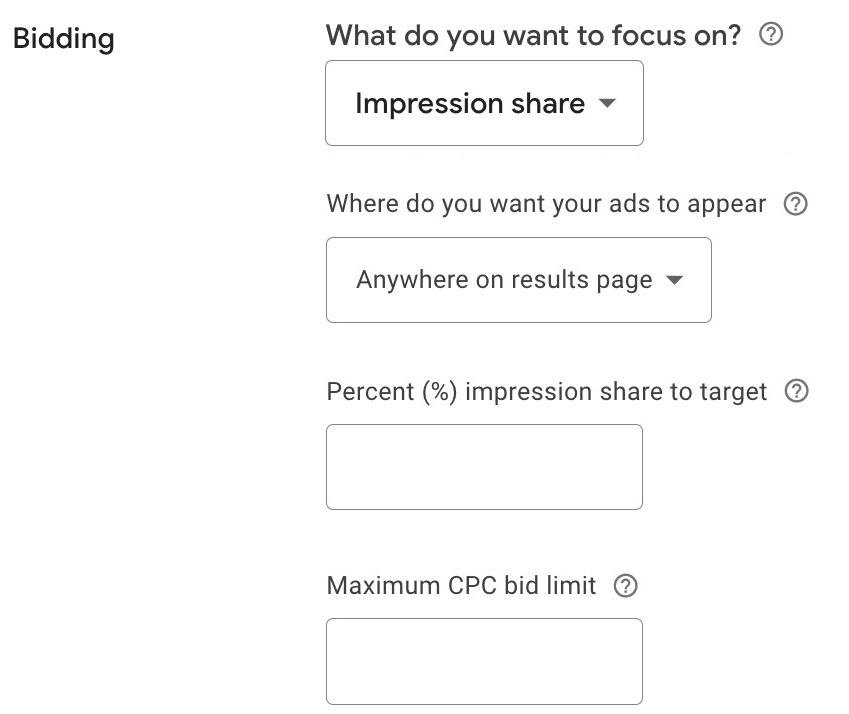 Google Ads bid settings interface showing Impression share selected.