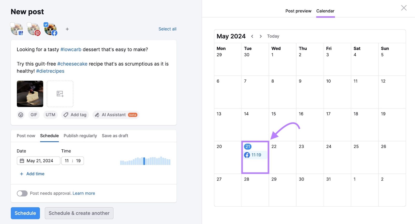 "New post" page on "Social Poster" with the "Calendar" preview tab clicked on the right-hand side.