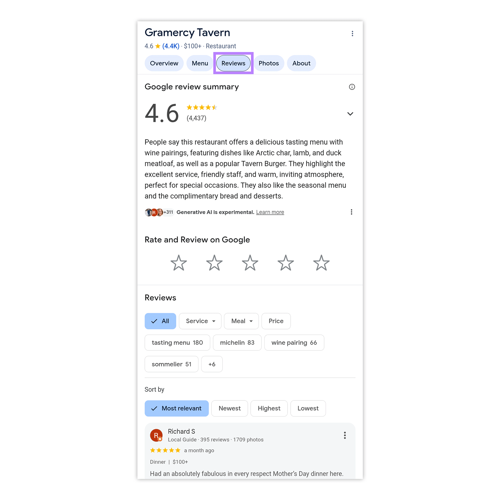 Google reviews page for Gramercy Tavern showing average rating, review summary, and detailed customer reviews