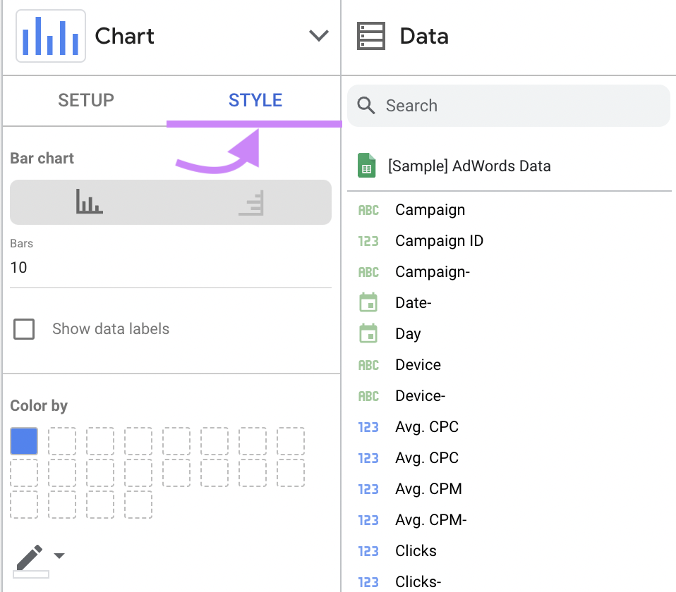 "Style" tab in "Chart" setup