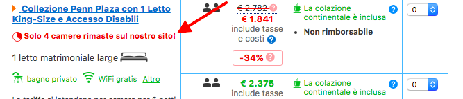 Booking.com sfrutta spesso il principio di scarsità per incentivare le conversioni