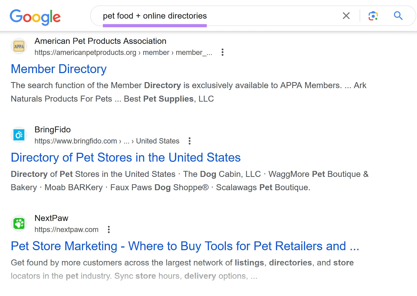 Google SERP for “pet food + online directories”