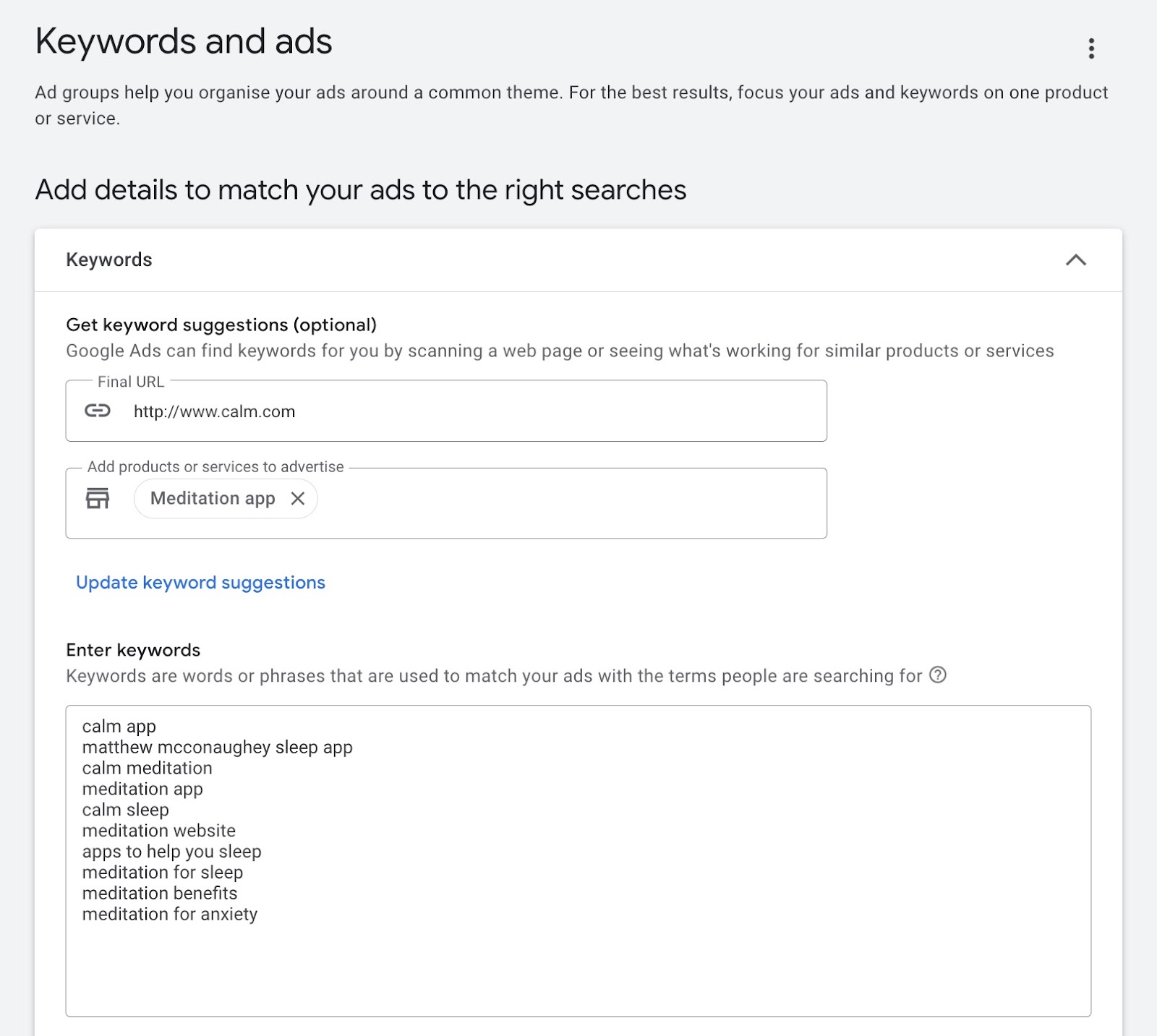 Keywords and ads window on Google ads showing a list of auto-suggested keywords to use for a campaign.