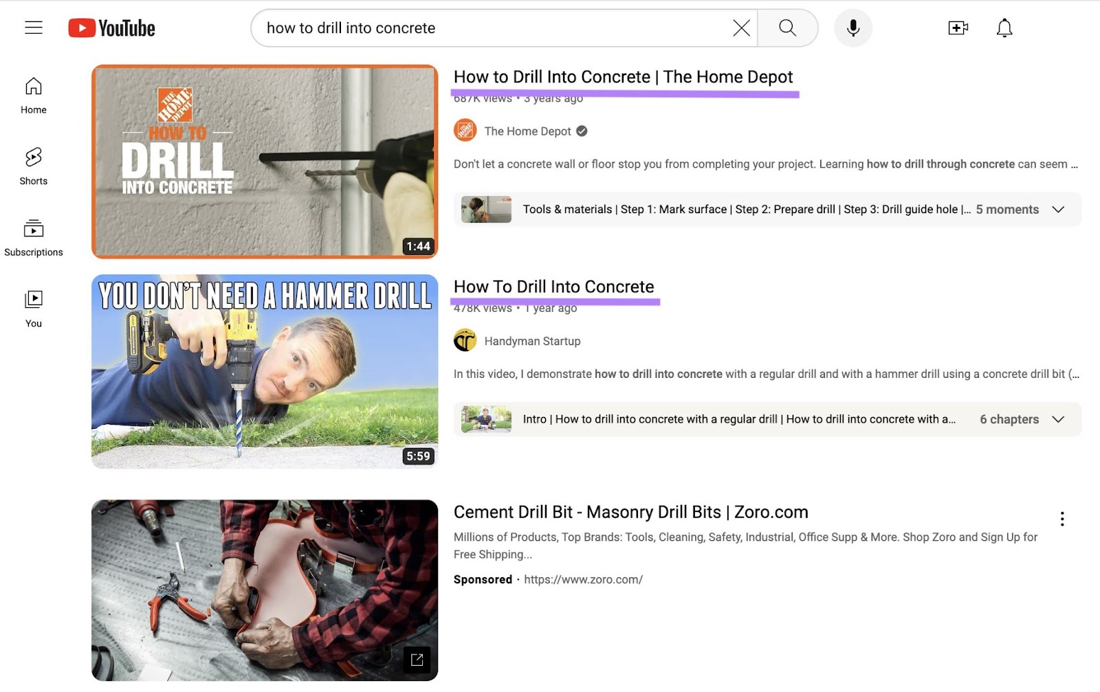 YouTube video titles highlighted in the results for "how to drill into concrete" search