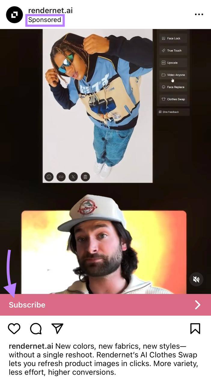 A video ad on the Instagram feed with the sponsored tag and the call-to-action highlighted.