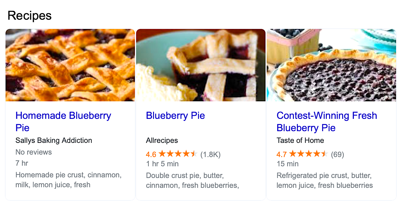 Example of structured data for recipes in the SERPs