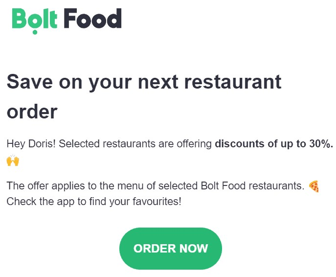Bolt Food's email with "Save on your next restaurant order" messaging