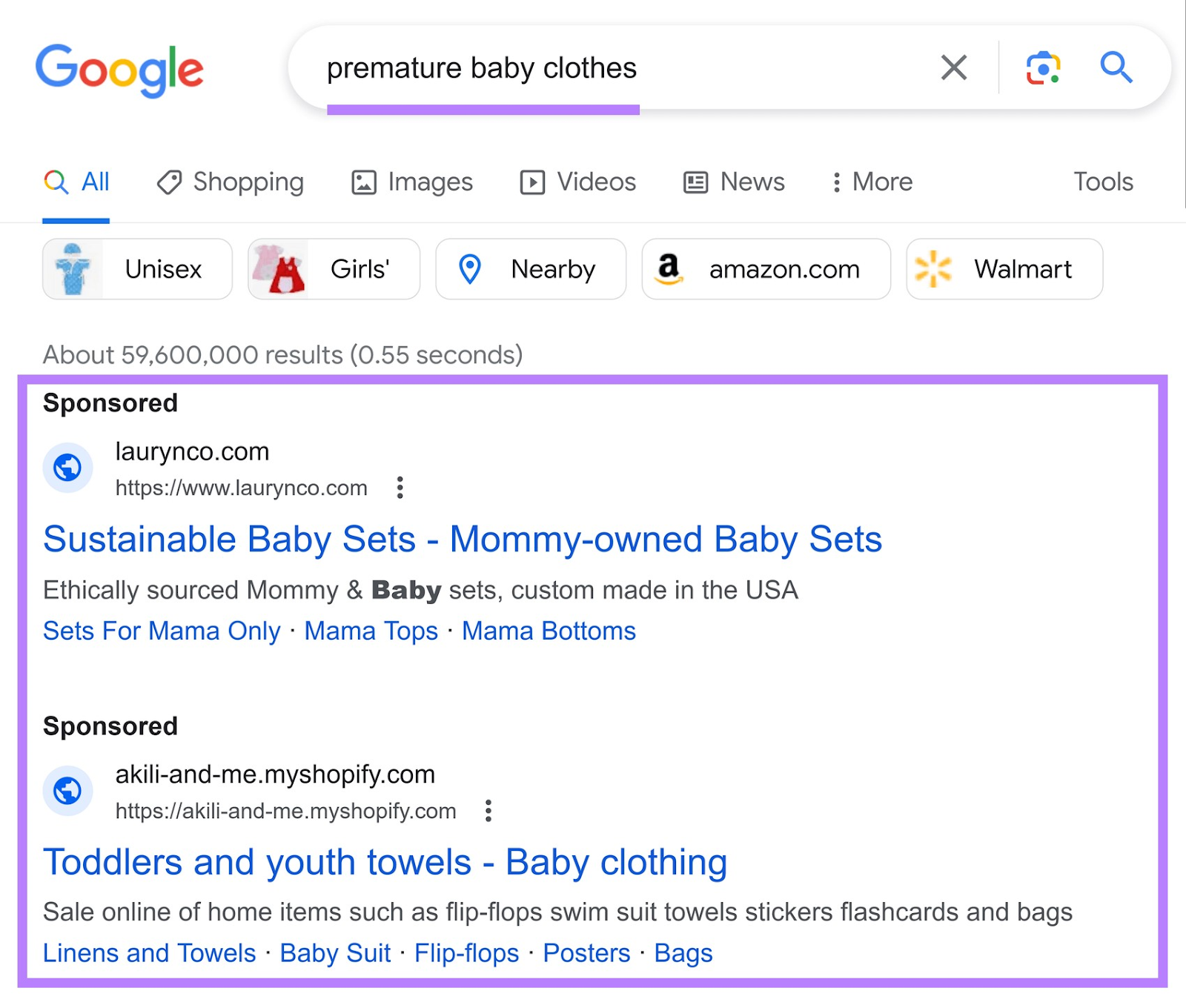 an example of Google search results for “premature baby clothes” s،wing sponsored results