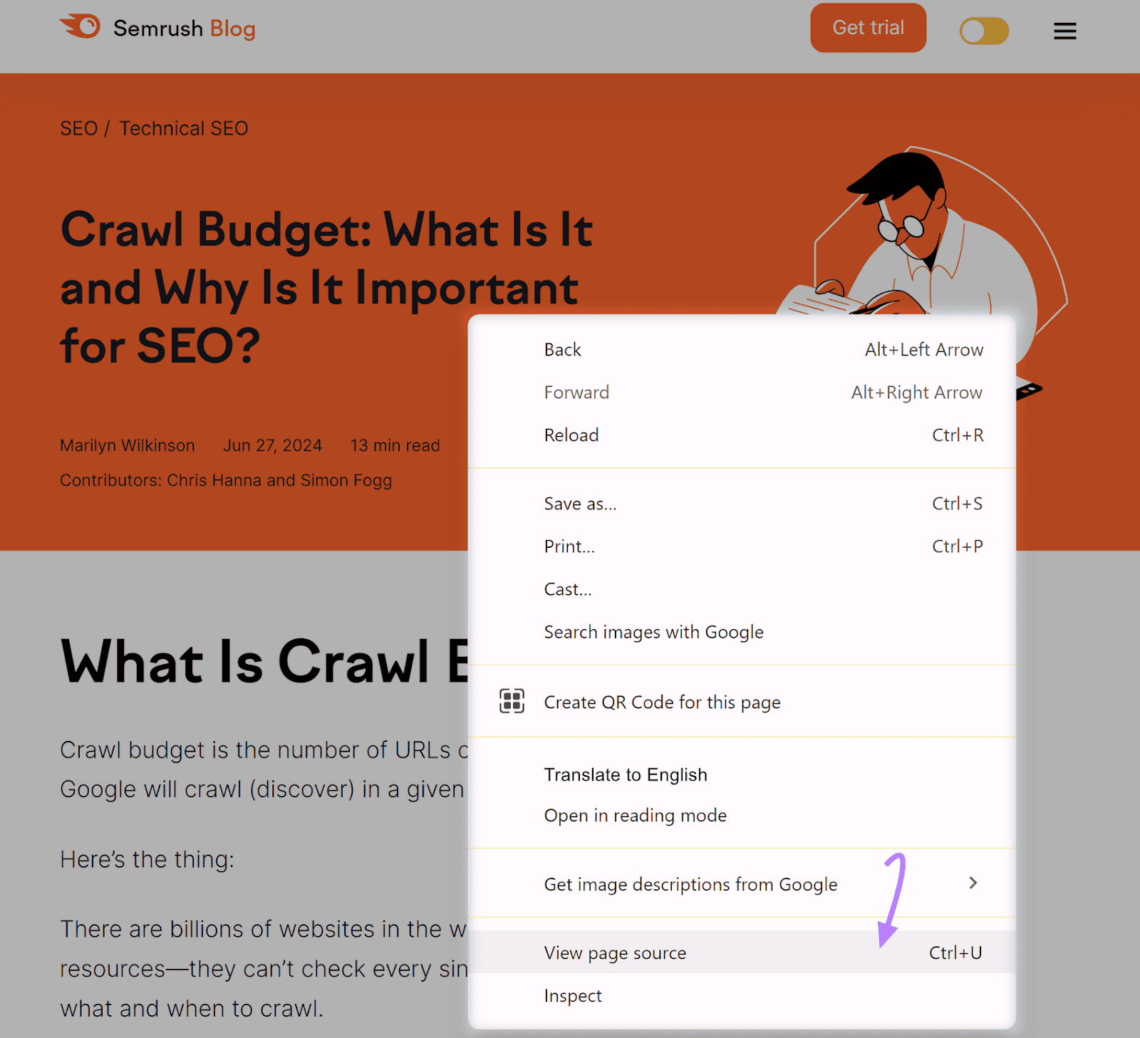 Semrush Blog nonfiction  with the browser discourse  paper   successful  the foreground and a airy  purple arrow pointing to "View leafage   source"