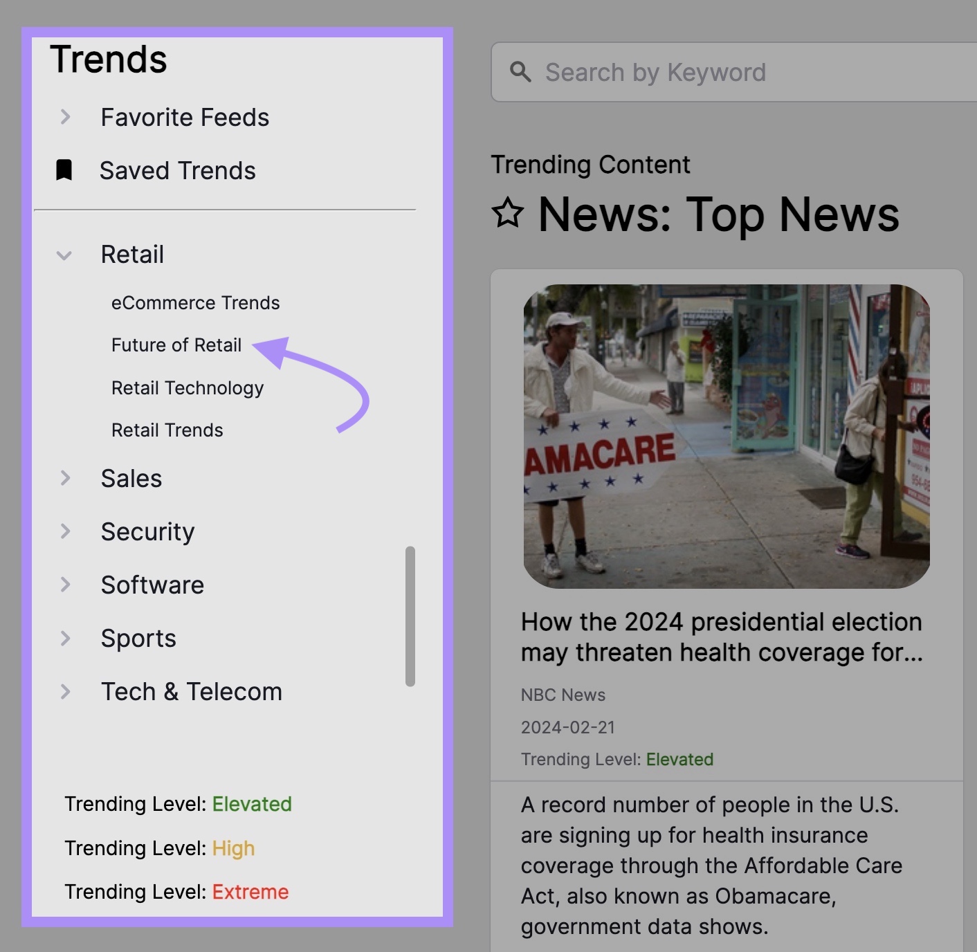 TrendFeed's left-hand menu has different industries you can explore