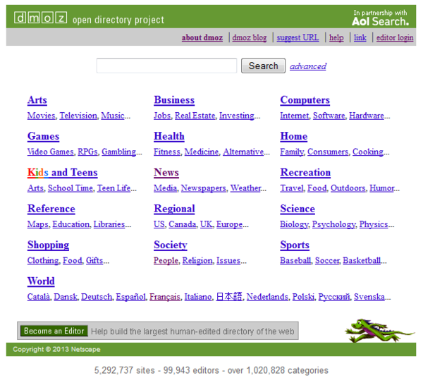 DMOZ directory with topics from Arts to World - again with the 90s blue