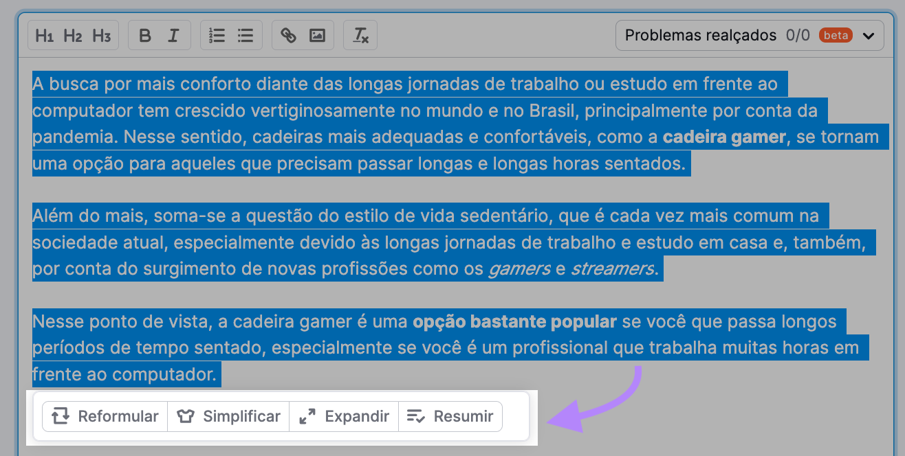 As opções “Reformular”, “Simplificar”, “Expandir” ou “Resumir” aparecem assim que você insere o texto na ferramenta