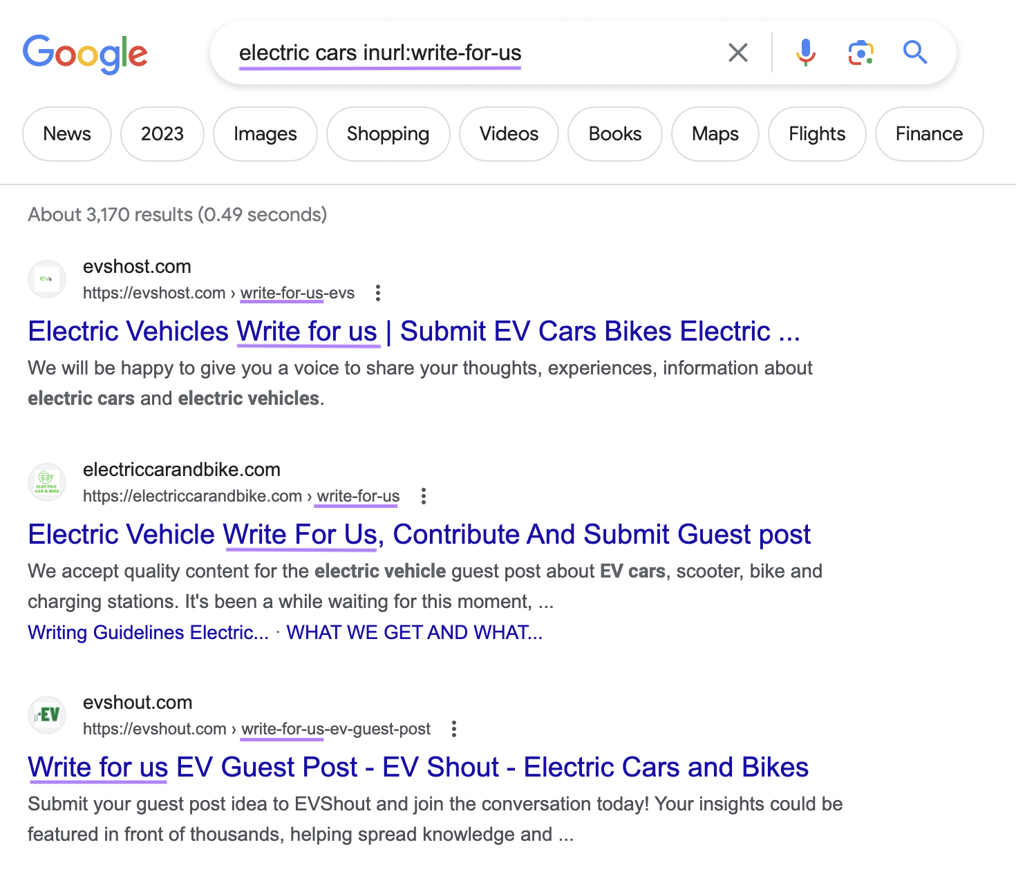 Google SERP for "electric cars “inurl:write-for-us”