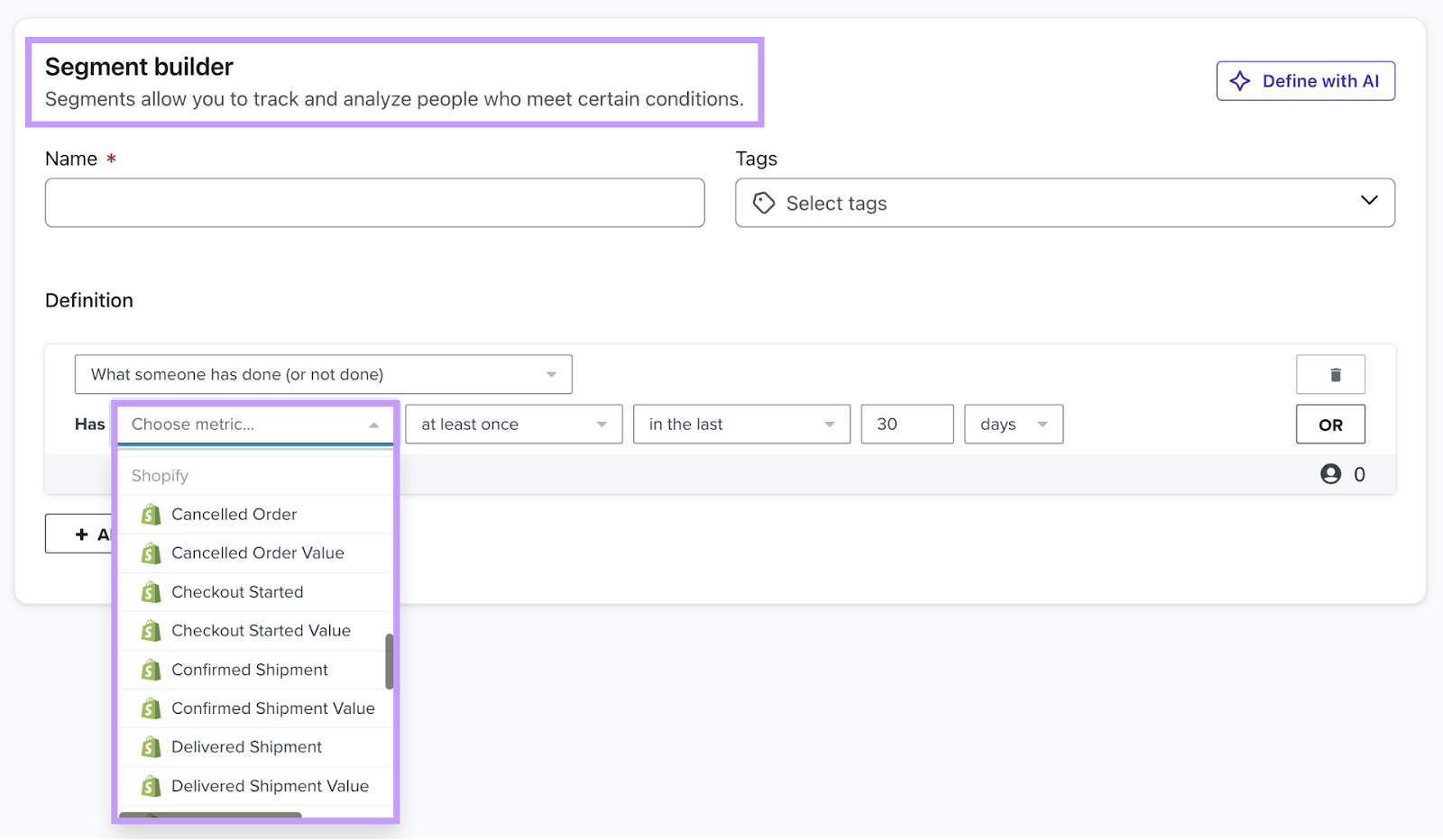 Klaviyo email selling  bundle   dashboard showing the quality  to make  segments