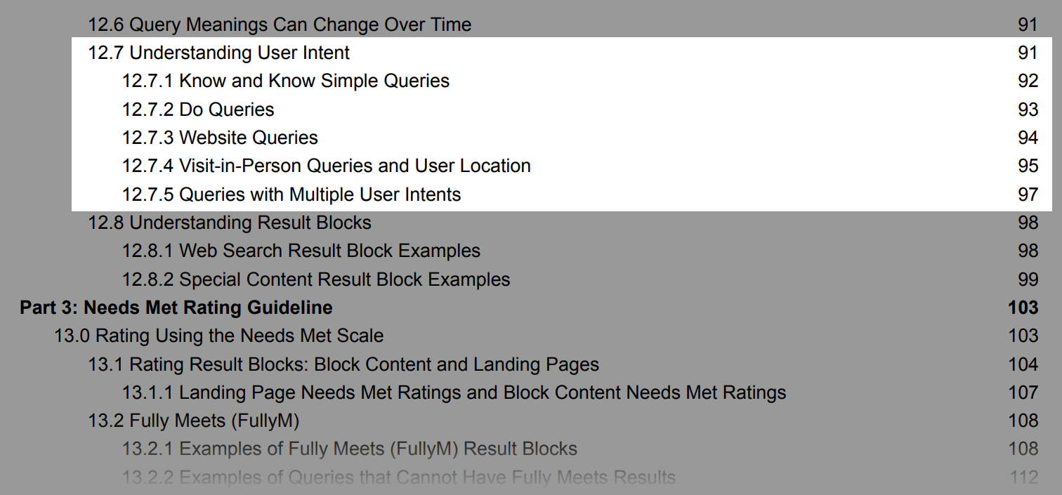 Section 12.7 in the table of contents of Google's 2024 search quality rater guidelines highlighted.