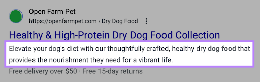 A meta description highlighted under "Healthy & High-Protein Dry  Food Collection" results on SERP