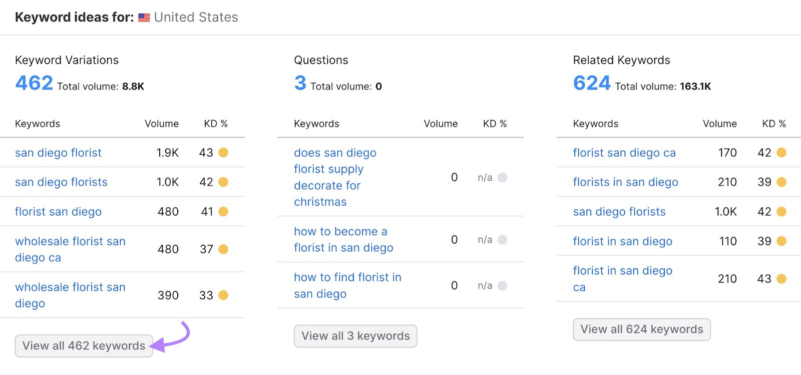"Keyword ideas" section in Keyword Overview tool