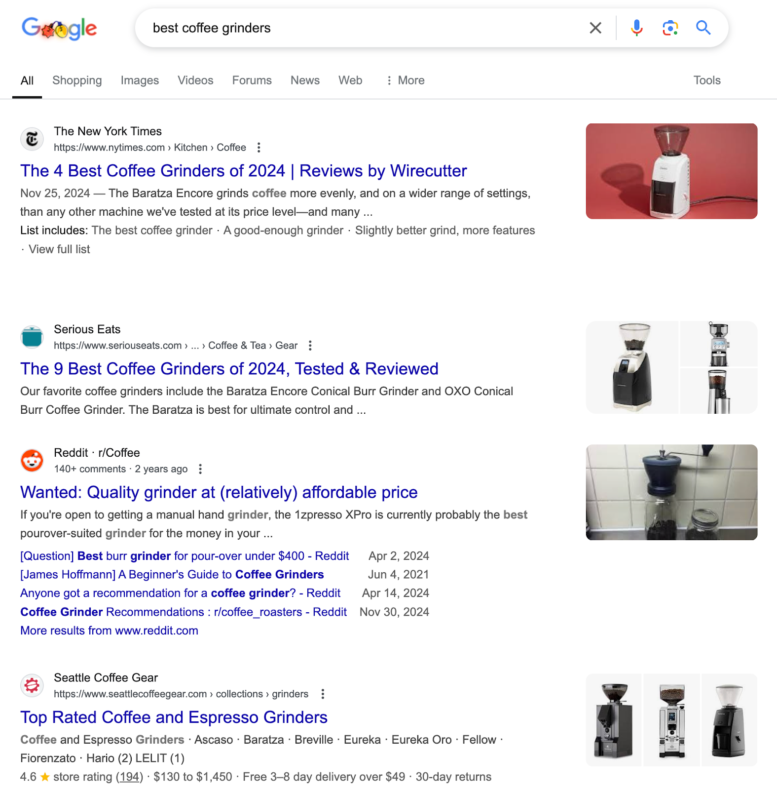 SERP integrated listing shows titles for illustration 4 champion java grinders of 2024, 9 champion java grinders of 2024, and related Reddit threads.